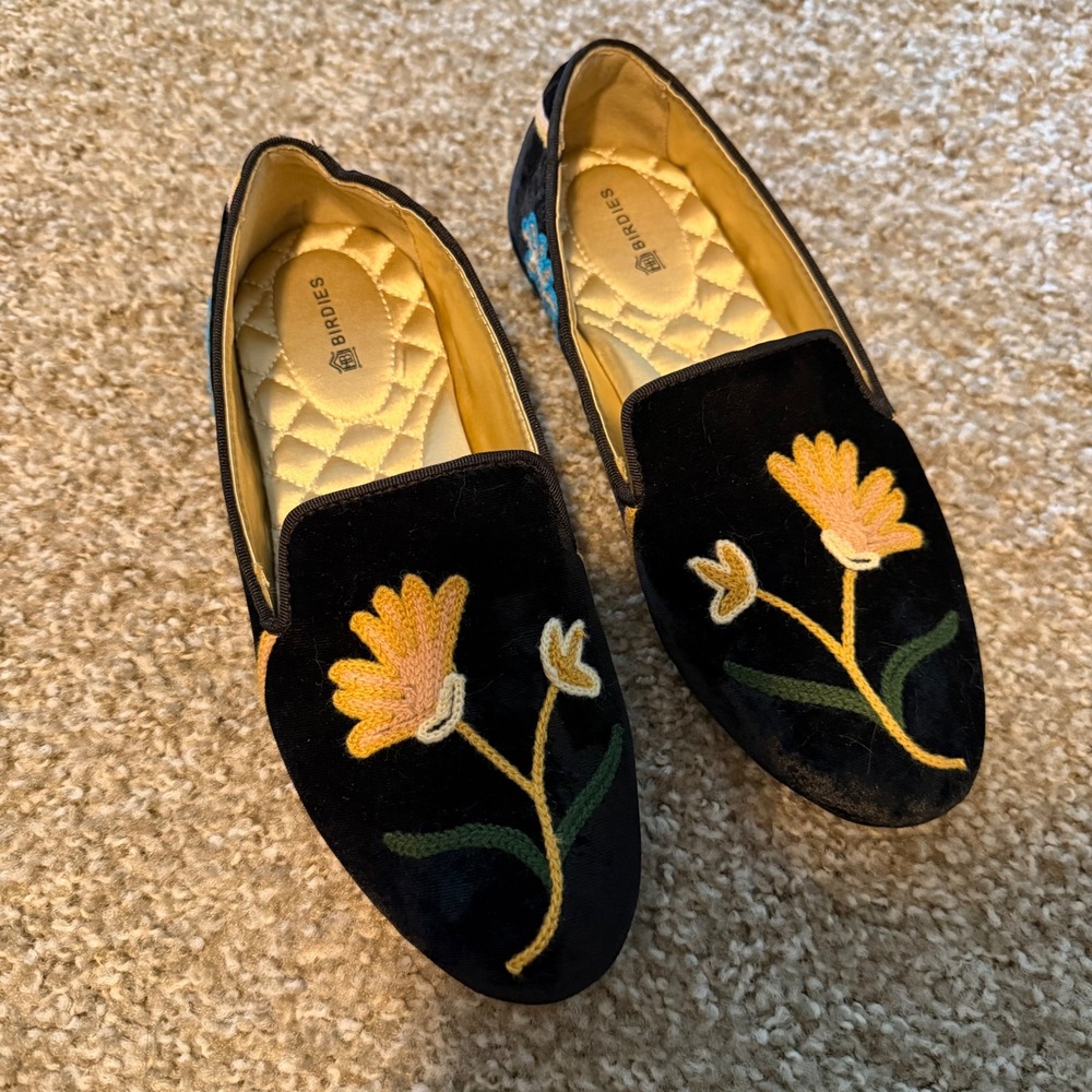 Birdies The Starling loafers 6 black velvet embroidered floral casual boho chic